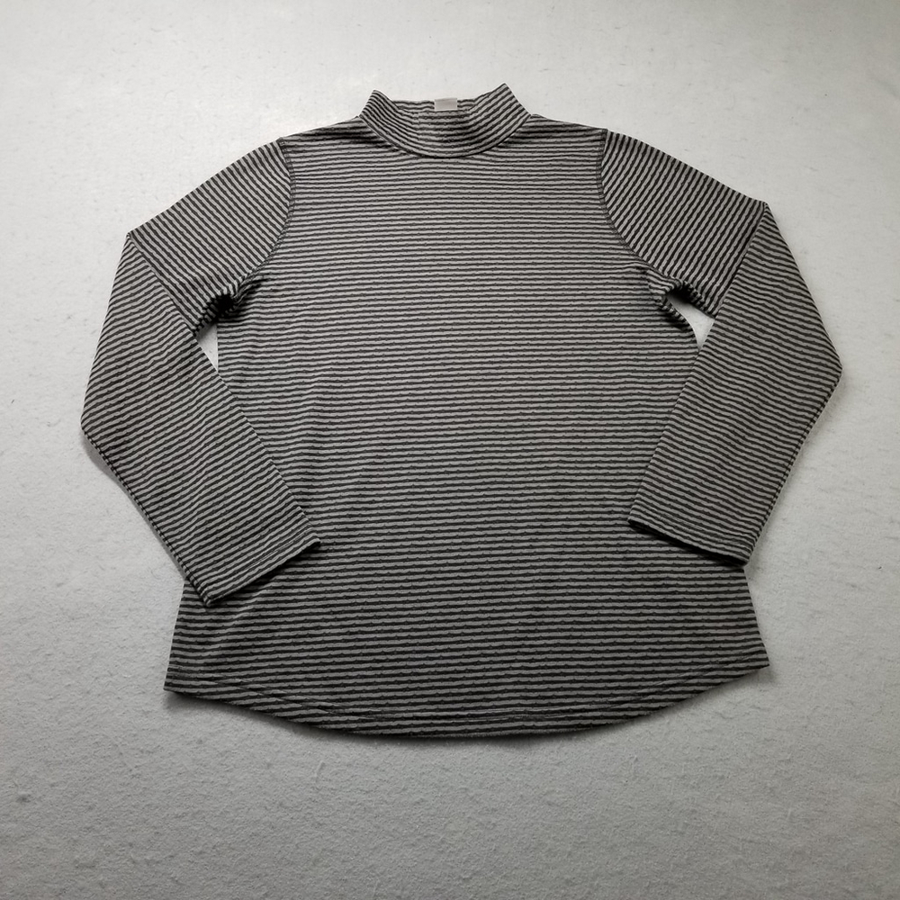 Chicos Shirt Womens 0 Sz 4/6 Mock Neck Striped Black Gray Polyester Cotton Knit